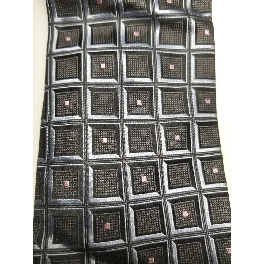 Roberto Villini‎ Couture Black Silver Geometric w/Squares Pointed Silk Tie